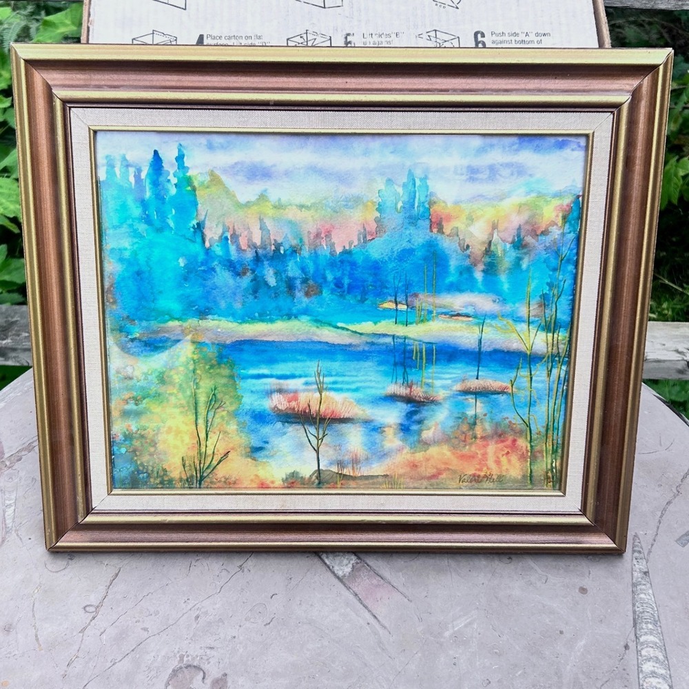 Vintage Watercolor Painting Landscape Large Blue Green Abstract Valerie Hall MCM